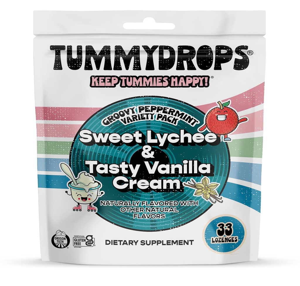Tummydrops Groovy Peppermint Pack (Mix of Lychee & Tasty Vanilla Cream). גלוטן חינם, טבעונית, ומיוצרת עם רכיבים אורגניים, 33 באופן אישי נדחסו אספרנט Lozenges ב Bag Resealable.