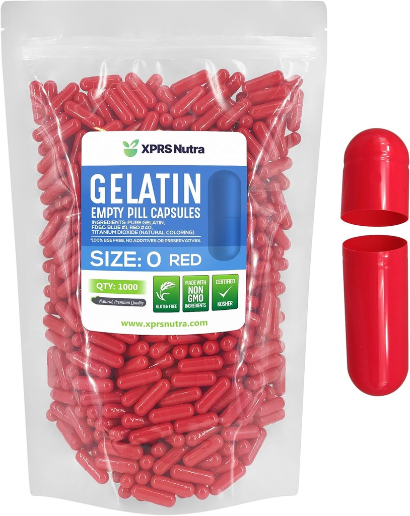 XPRS Nutra Size 0 קפסולות ריקות - 1000 הרוזן ריק גלטין קפסולות - Pills DIY כמוסות מילוי - Pure Bovine Pill Gel Caps for Do-It-Yourself Supplements (אדום)