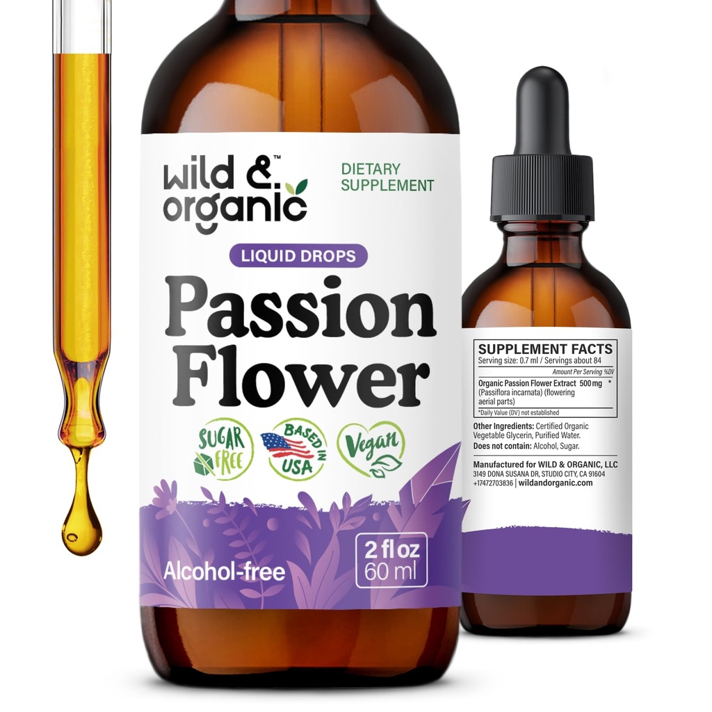 Wild & אורגני Passionflower Tincture - מרגיע פרח התשוקה טיפות לנשים - נוזל Passiflora Incarnata Herb - טבעוני, סוכר ואלכוהול חינם לחלץ תוספת - 2 fl oz