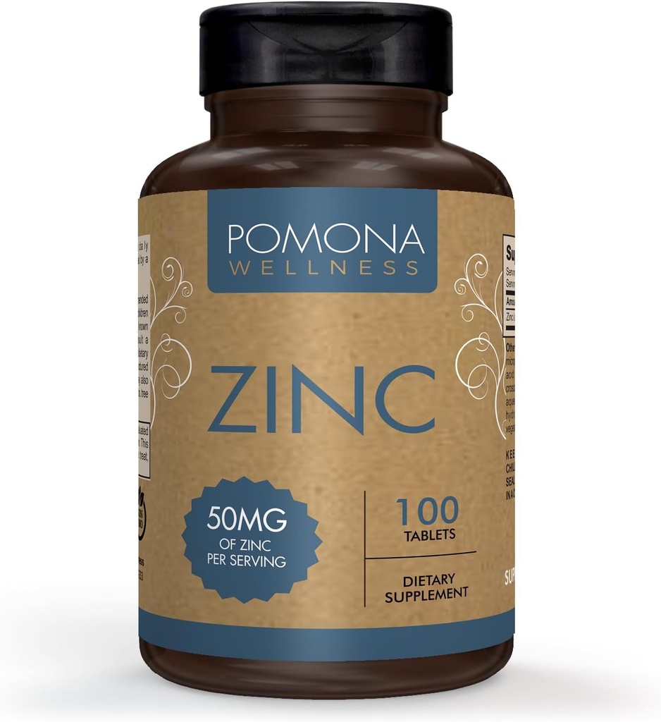 Pomona Wellness Zinc Supplements For Adults, 50mg, Skin Health And Immune Support, Easy To Swallow, For Antioxidant And Overall Health, Vegan, Non-GMO, 100 Tablets