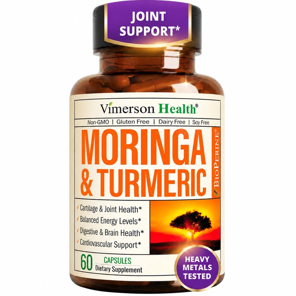 Moringa + Turmeric Curcumin תוסף לבריאות משותפת, Gut Health, אנרגיה ותמיכה Immune - Total Wellness Formula - Tumeric Curcumin עם Black Pepper & Moringa Pure כמוסות - 60 Count Count Count