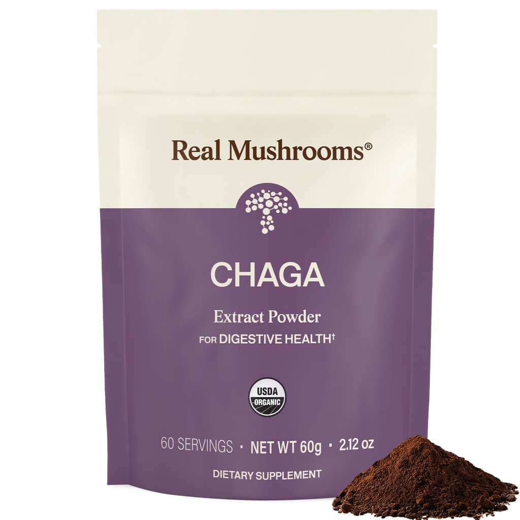 Real Mushrooms Chaga Mushroom אבקת - אורגני צ'אגה לחלץ גוף פירות - עבור תמיכה יומית בריאות ואנרגיה - טבעוני, non-GMO, 60 משרתות Mushroom