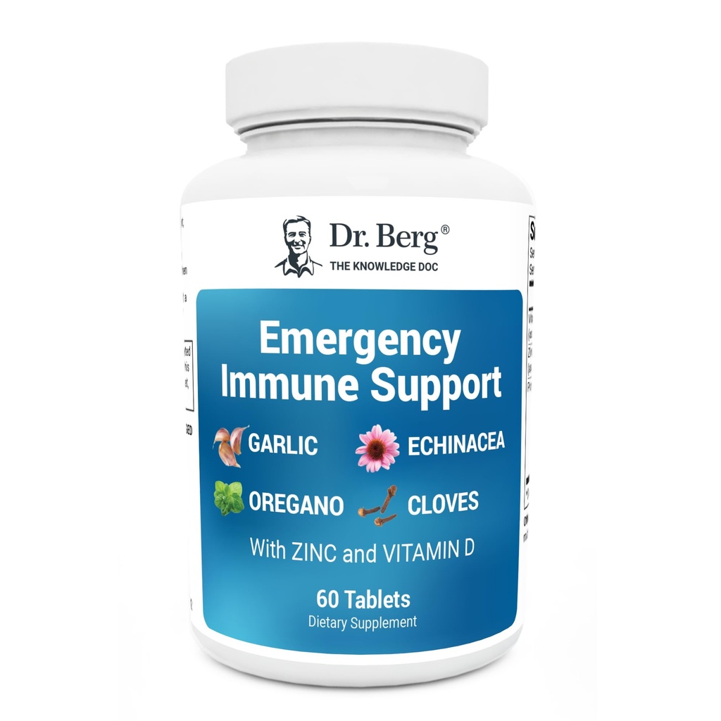 ד"ר ברג חירום Immune תומך w / Echinacea - תערובת פוטנט של חומרי גלם צמחיים (Warning: Strong Herbal Smells) - Immune Support Supplement כולל 2,000 IUs של ויטמין D & 10 מ"ג של Zinc - 60 טבליות