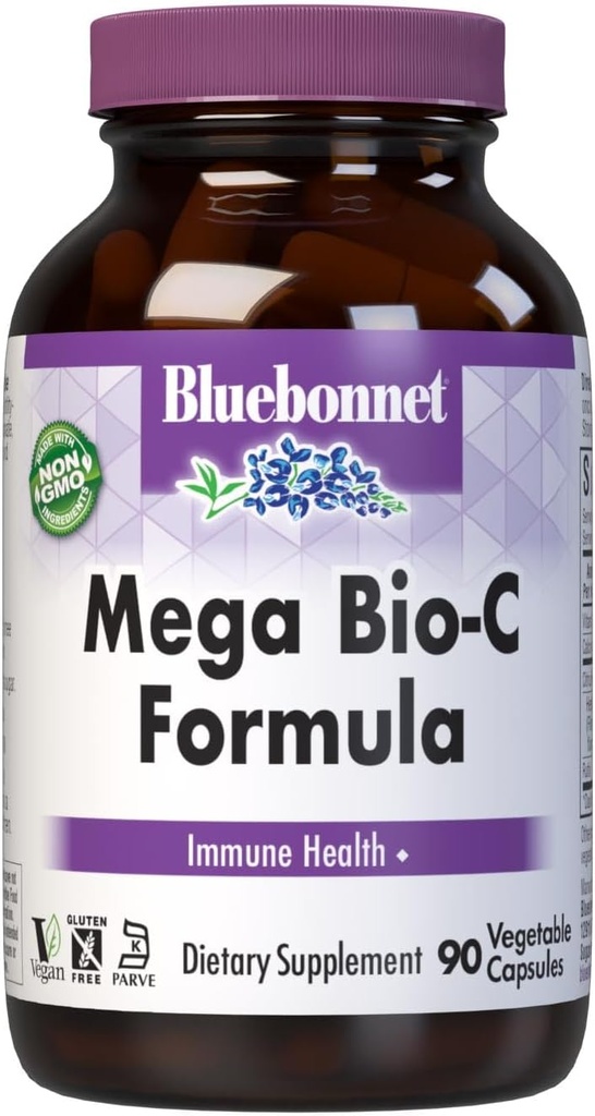 Bluebonnet Nutrition Mega Bio-C פורמולה קפסולות ירקות, עתיר ביופר ויטמין C, עבור Immune Health, Soy Free, Gluten Free, non-GMO, כשר, חלב חינם, טבעוני, הרוזן 90