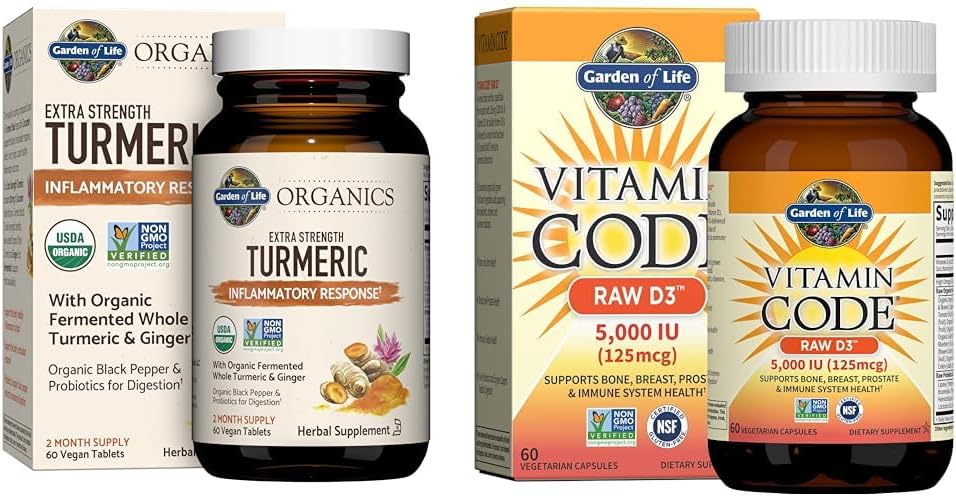 גן החיים Turmeric Inflammatory Response & ויטמין D3 Raw Whole מזון תוספי מזון, 60 טבליות ו 60 קפסולות