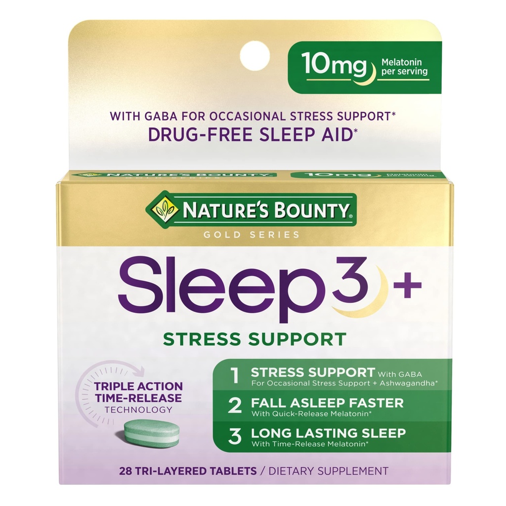 Nature's Bounty Sleep + Stress Support, Sleep3 100% Power Drug Free Sleep Aid, Dietary Supplement with Ashwagandha, Time Release Technology, 10mg, 28 Tri-Layered Tablets