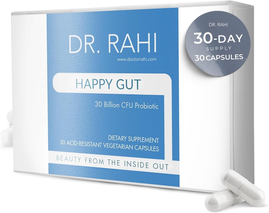 Dr. Rahi Probiotics Daily DF 30 מיליארד CFU Probiotic Gut תמיכה תוסף, 30 Acid Resistant כמוסות, Probiotics for Digestive Health, Gut Health for Women/Men, Support Gut Motility - Happy Gut