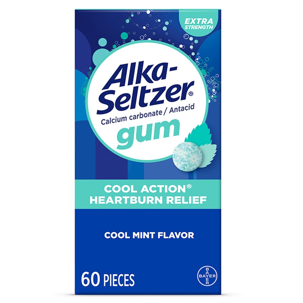 Alka-Seltzer Cool Action Heartburn הקלה בחניכיים, תוספת כוח אנטאד מסטיק, Acid Indigestion ו- Upset Stomach הקלה, No Chalky Taste, Cool Mint Flavor, 60 הרוזן