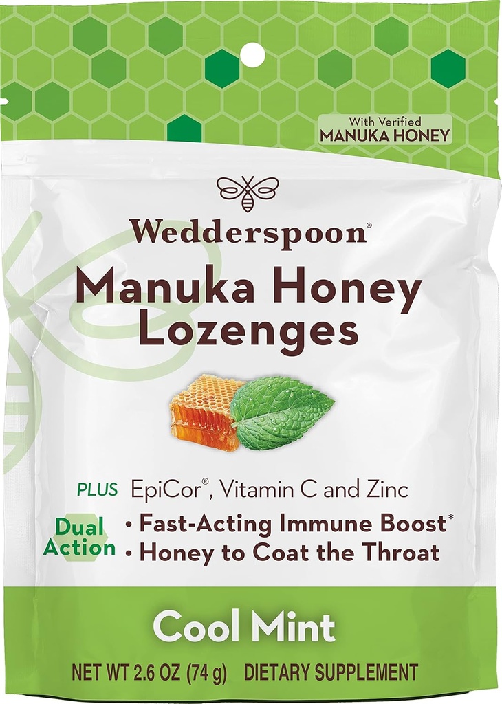 Wedderspoon Manuka Honey Immunity Lozenges, Cool Mint, 2.6 Oz (Pack of 1), Genuine New Zealand Honey, Boost Immunity בתוך שעתיים