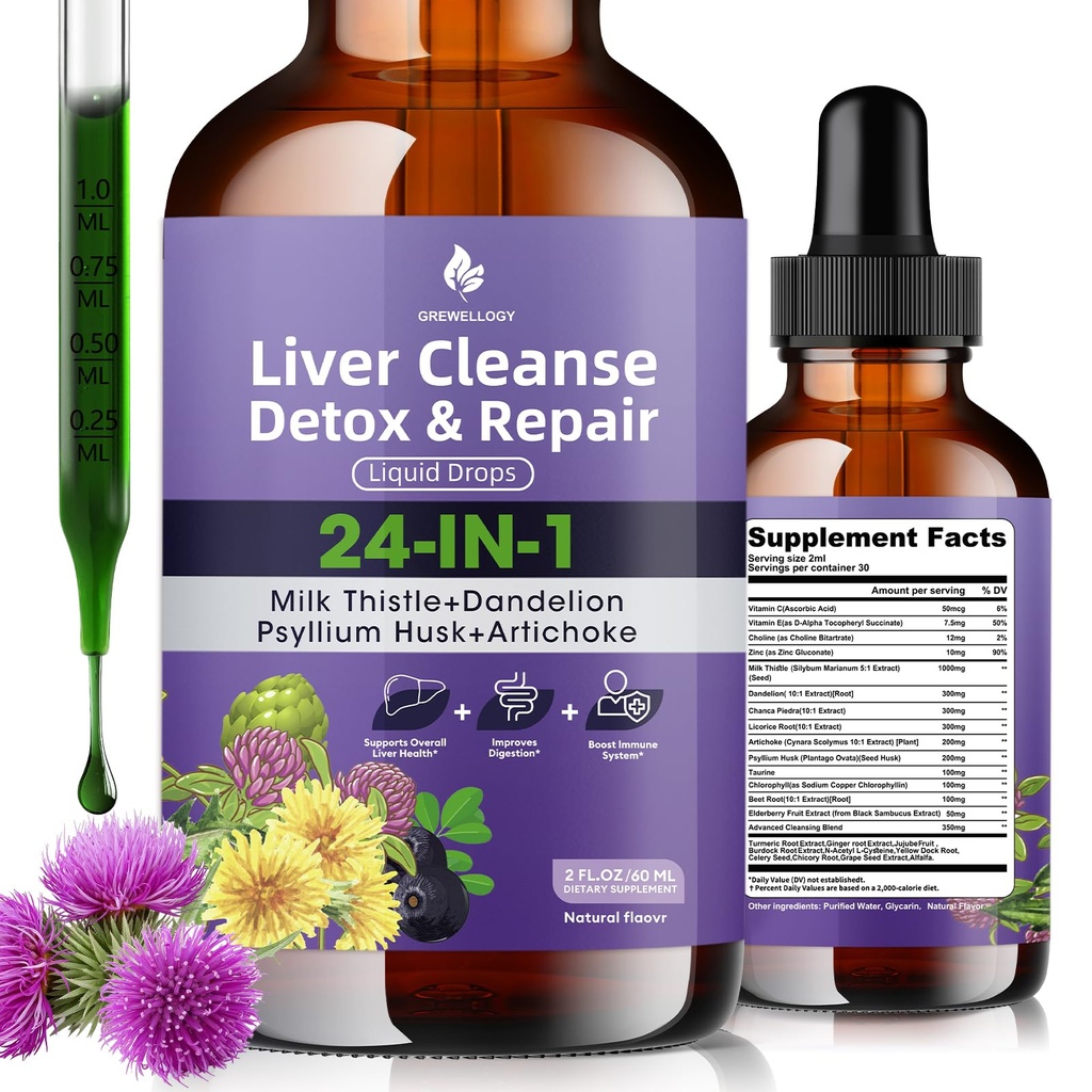 Liver Cleanse Detox & Fix Liquid טיפות - Milk Thistle, Dandelion, Psyllium Husk & Artichoke תוסף עבור Liver Health & Digest - Sugar-Free Vegan Extract, 2 Fl Oz (30 משרתים)