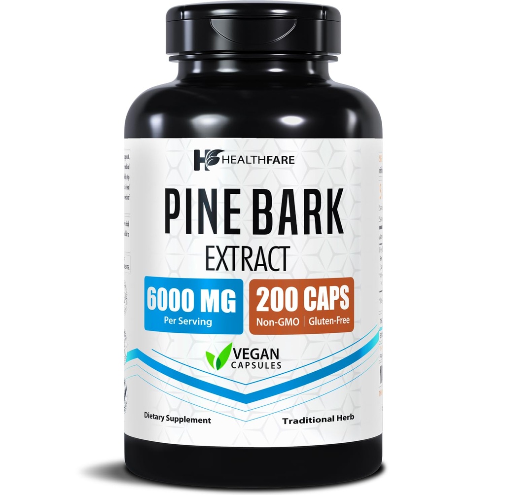 Healthfare Pine Bark Extract French Maritime | 200 Vegan Capsules | Standardized 95% OPC Proanthocyanidins | Antioxidant Herbal Supplement | Non-GMO, Gluten-Free | Made in USA