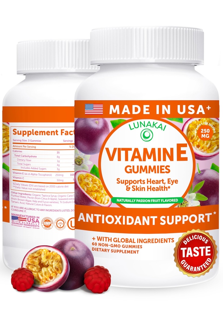 לונהקאי ארה"ב יצרה ויטמין E Gummies 400IU עם ויטמין C - טעים, טבעוני, non-GMO תוספת לתמיכה יומית Skin & העין, 60ct