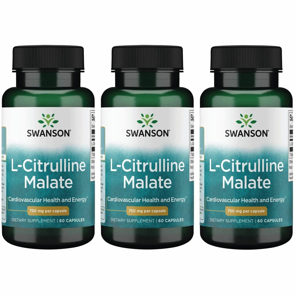 Swanson L-Citrulline Malate - Amino Acid תוספת קידום ייצור אנרגיה & דם בריא Circulation - פורמולה טבעית תמיכה בסך הכל בריאות - (60 קפסולות, 750 מ"ג כל) (3 Pack)