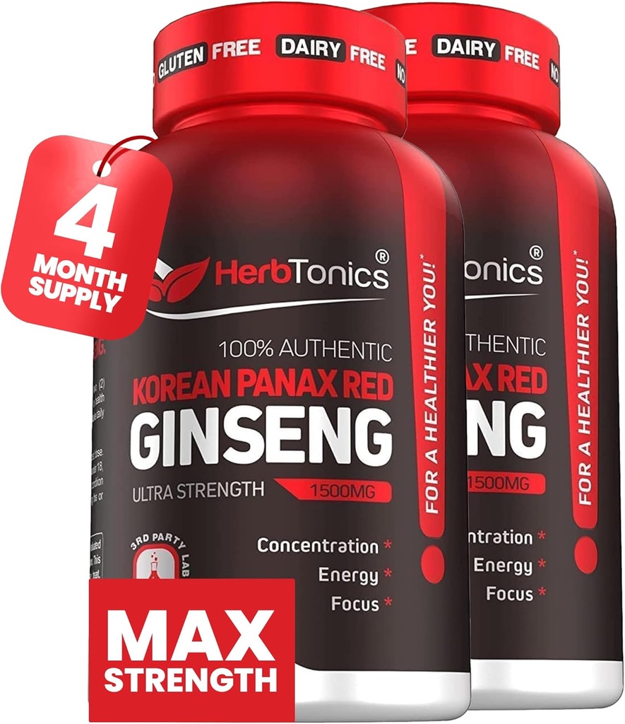 Herbtonics Red Panax גינזנג 1500 מ"ג - תוספת אנרגיה עבור Peak Performance, Focus & Vitality - High Potency Geneseng Root Extract - 240 קפסולות טבעוניות