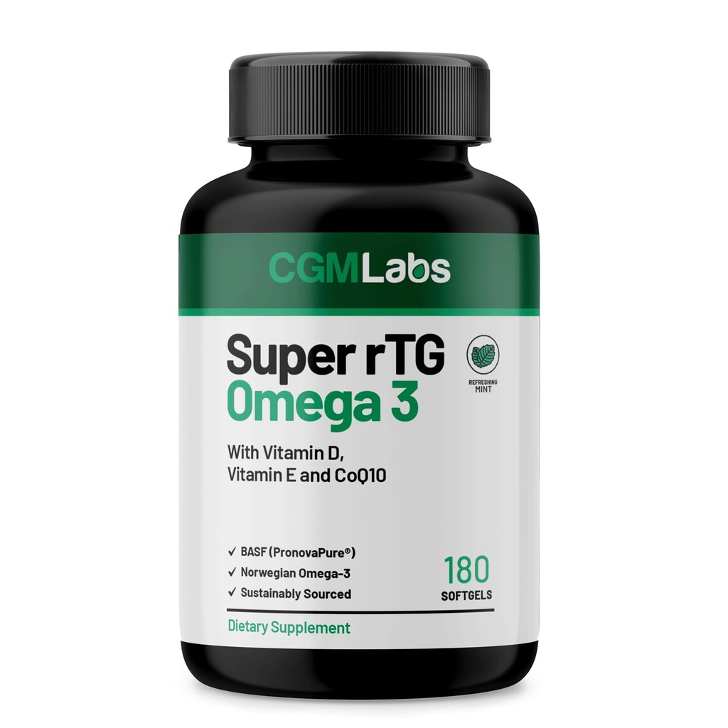 rTG אומגה 3 Norwegian Fish שמן עם CoQ10 Dietary Supplement- Heart Health & Antioxidant תמיכה עם ויטמין D & E - 2000 מ"ג Sustainably Sourced - Super rTG אומגה 3, 180 Softgels על ידי CGM Labs