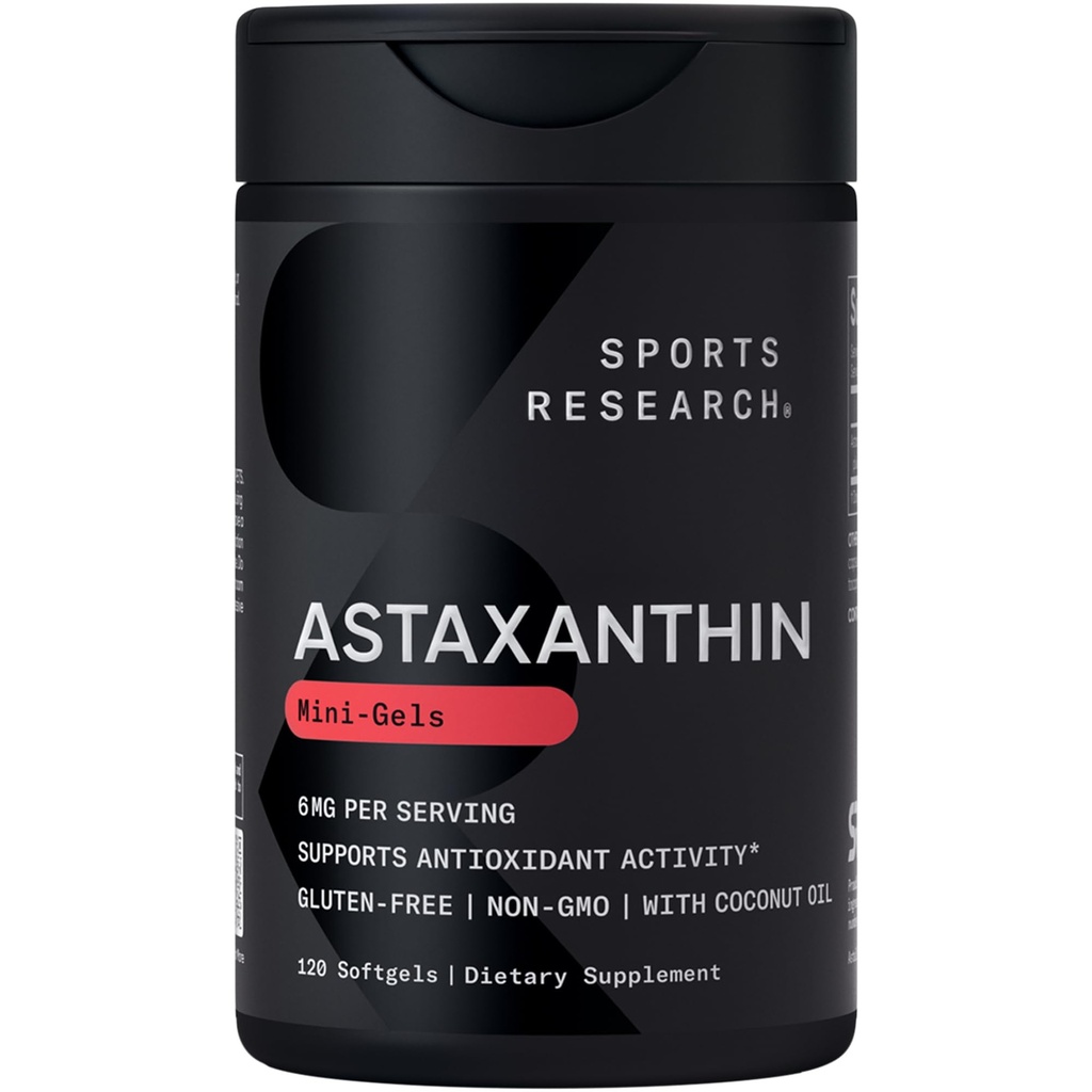 מחקר ספורט משולש כוח Astaxanthin תוסף (6 מ"ג) עם שמן קוקוס אורגני לפעילות אנטי-חמצן, תמיכה בבריאות העור והעין - Non-GMO מאומת וגלוטן חינם - 120 Softgels