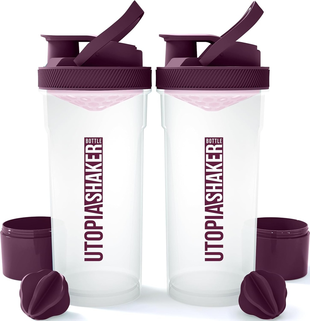 אוטופיה Home Shakerבק 2 Pack - 24 חלבון פלסטיק או בקבוק Shaker עבור Pre & Post אימון עם Twist & Lock חלבון אחסון (Clear / Plum)