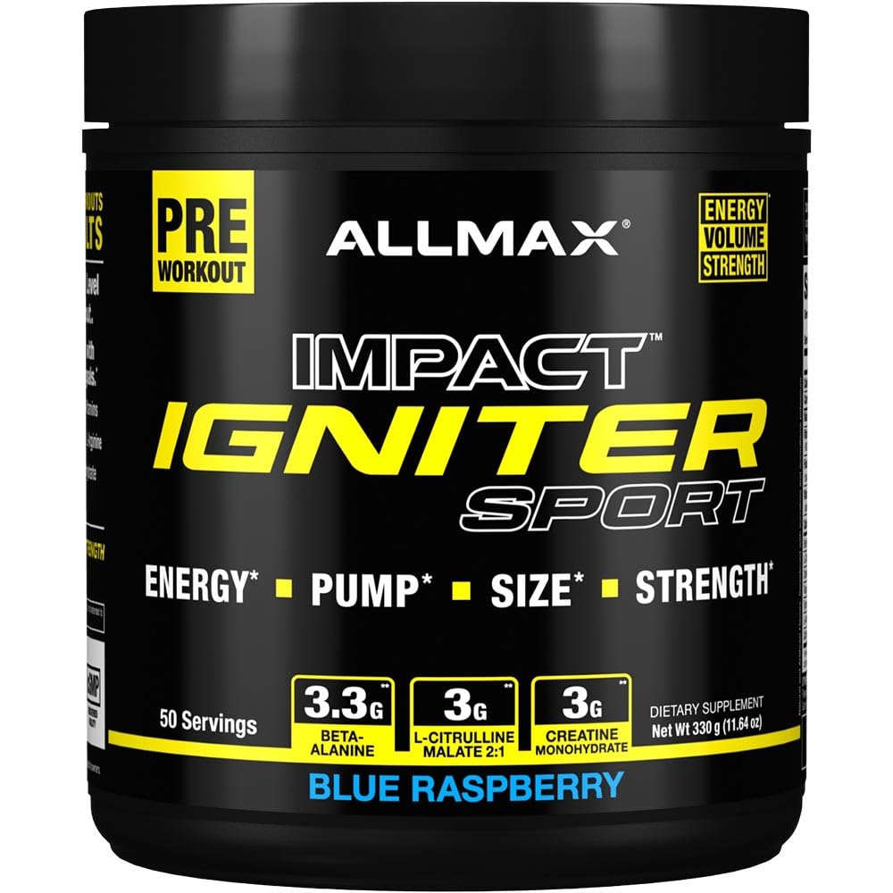 AllMAX IGNITER Sport, Blue Raspberry - 330 גרם - Pre-Workout Formula - עם Caffeine, L-Citrulline, L-Arginine, Creatine & Betaine - עד 50 משרתים