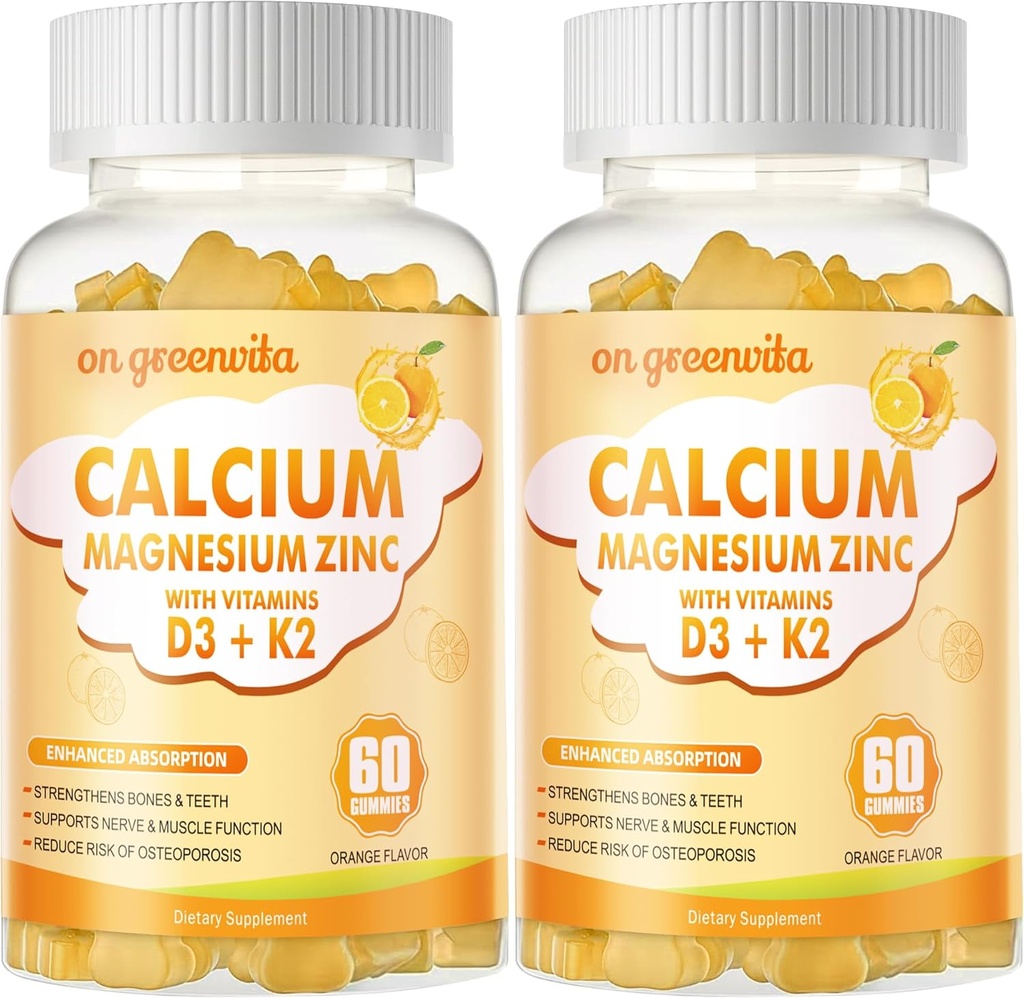 Calcium Magnesium Zinc Gummies עם ויטמין D3 & K2 - High Potency Enhanced Absorption -120 חניכיים כתום פלדר