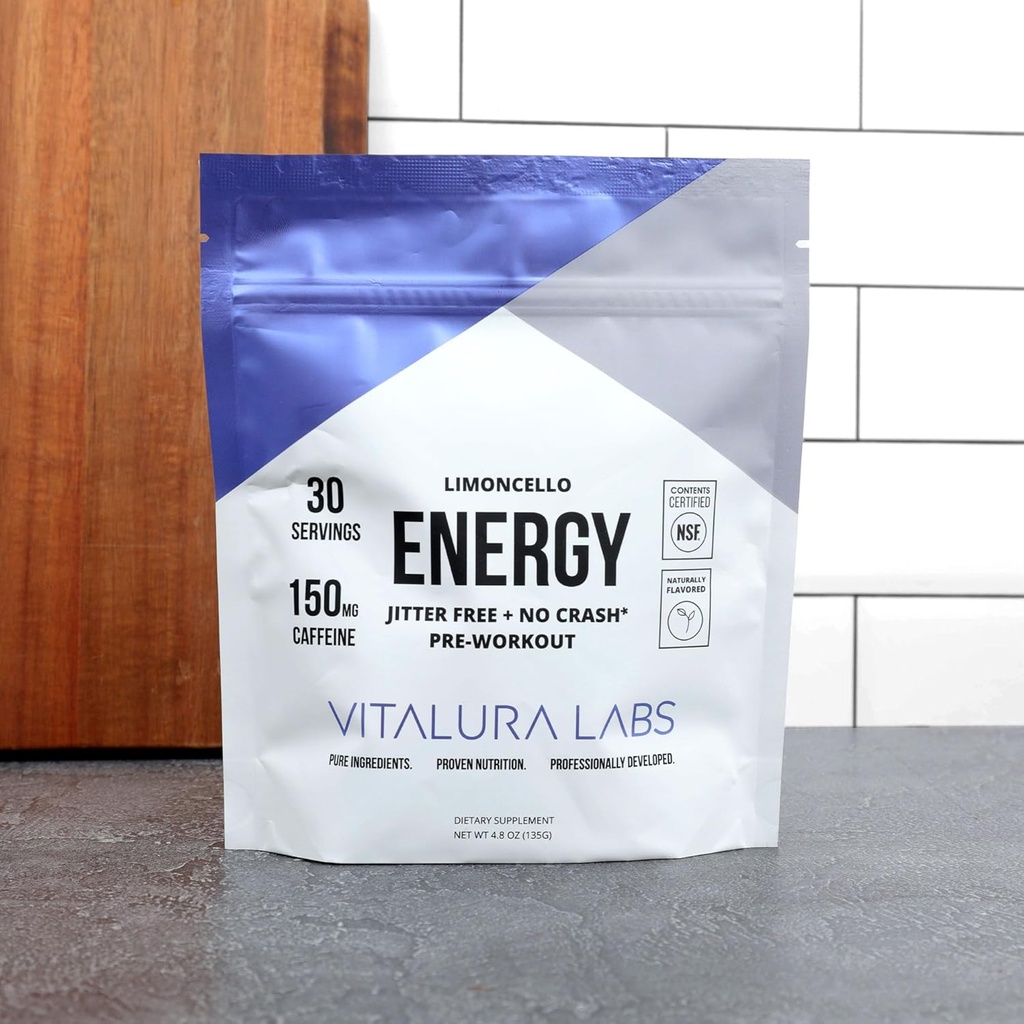 Vitalura Labs Pre-Workout אבקה - Caffeine, Theacrine, Rhodiola & L-theanine for Energy & Endurance - NSF תוכן מוסמך - Limoncello Flavored - 30 משרתים