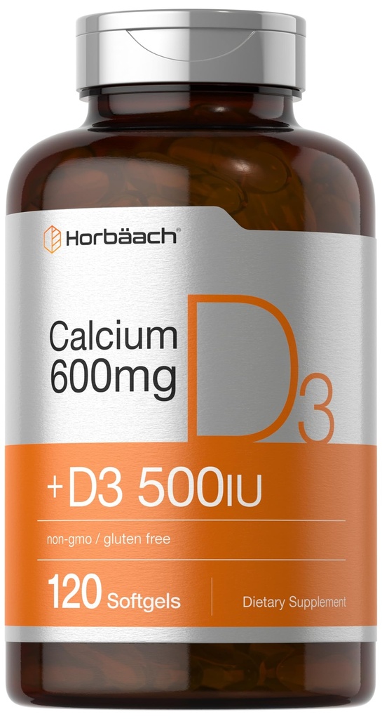 תוספי Horbäach Calcium עם ויטמין D3 | 600 מ"ג | 120 Softgels | Non-GMO & Gluten Free