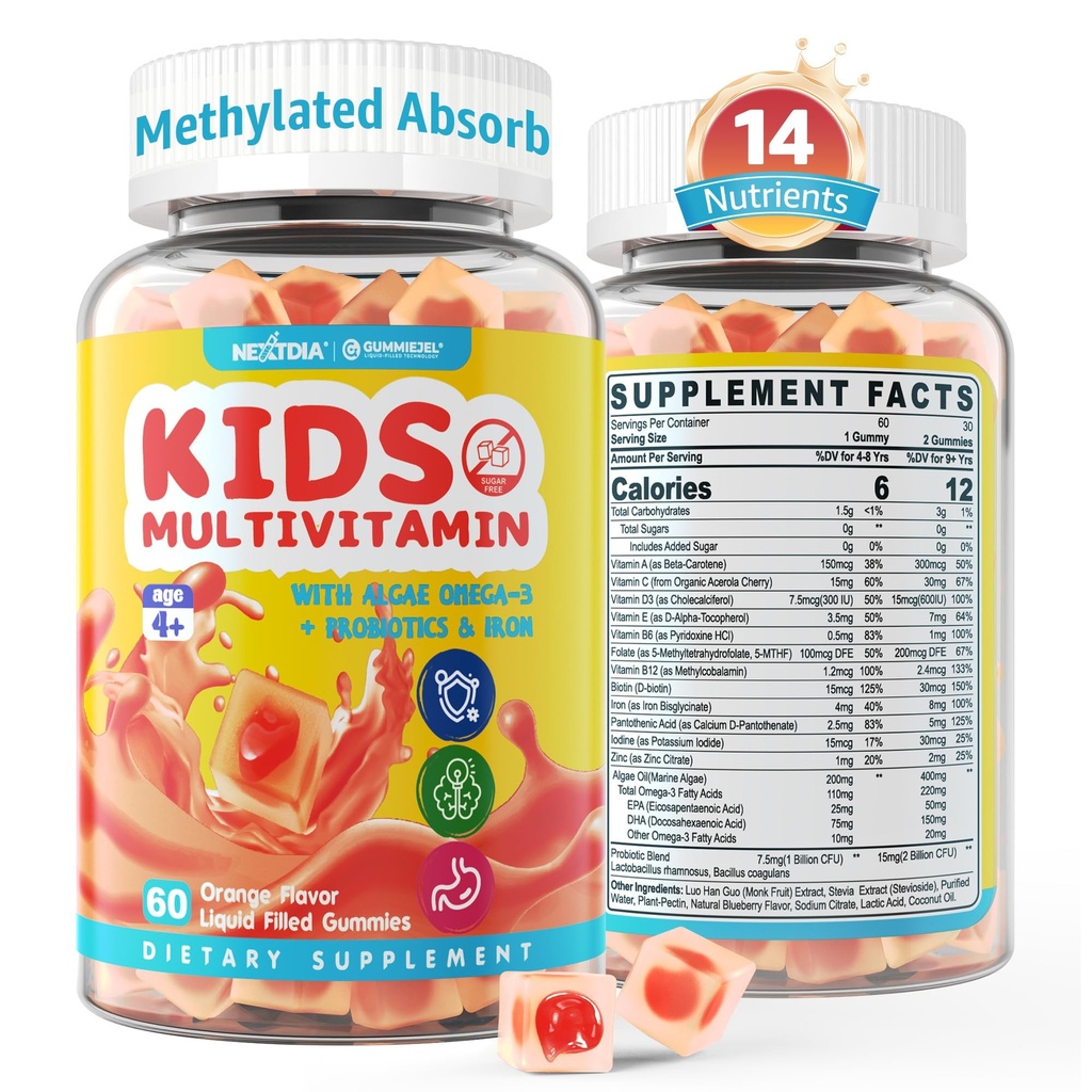 ילדים Multivitamin Gummies עם ברזל, סוכר חינם, ילדים יומי ויטמינים + פרוביוטיקה, Algae אומגה 3 (EPA / DHA), A, C, D, Methyl B12, Folate, B6, Zinc, Biotin, עבור צמיחה בריאה, Immune תמיכה, 60 הרוזן