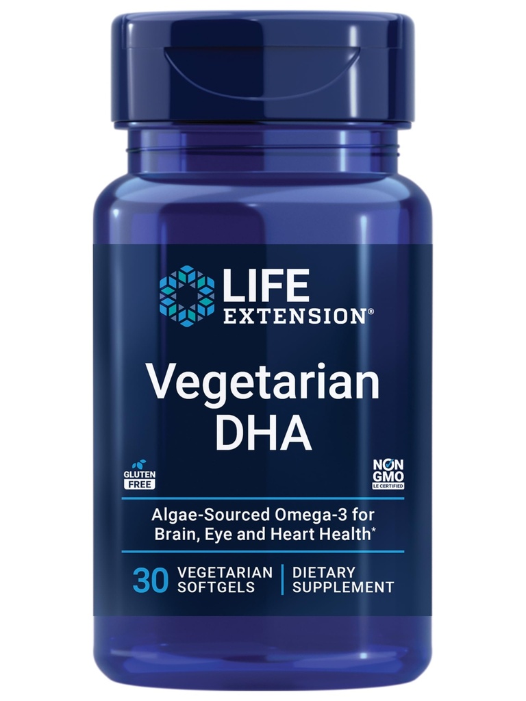 Life Extension Vegetarian DHA, אומגה 3 מאלגה להכרה, Mood & Eye Health, Gluten-Free, non-GMO, טבעוני, 30 רכות
