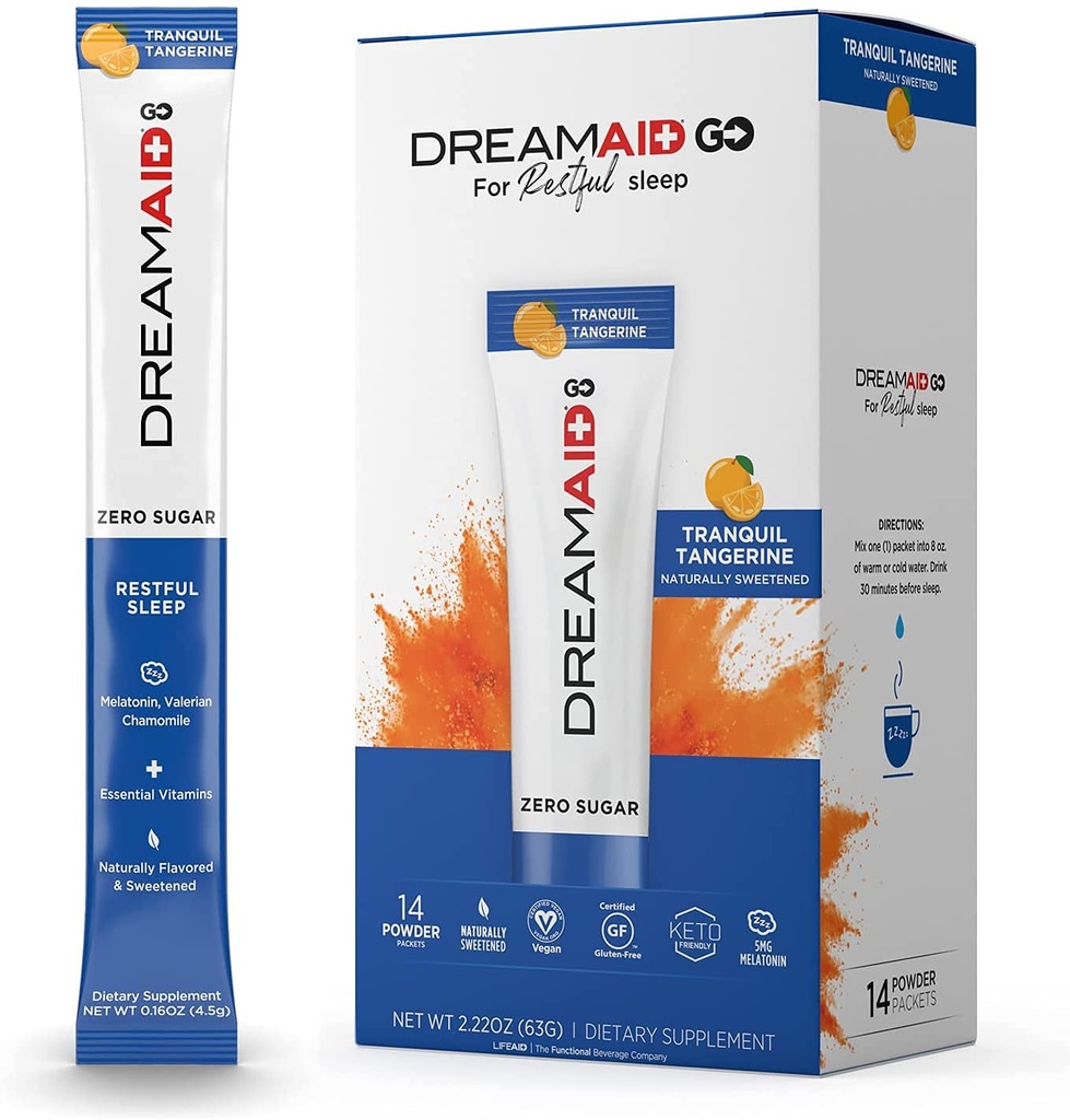 Sleep Aid Drink Mix, DreamAid, Melatonin, Chamomile - Helps Adults Fall Asleep Faster, Sleep Longer and Wake Up Feeling Rejuvenated, Zero Sugar & Keto Friendly, 14 משרתות (Pack of 1)