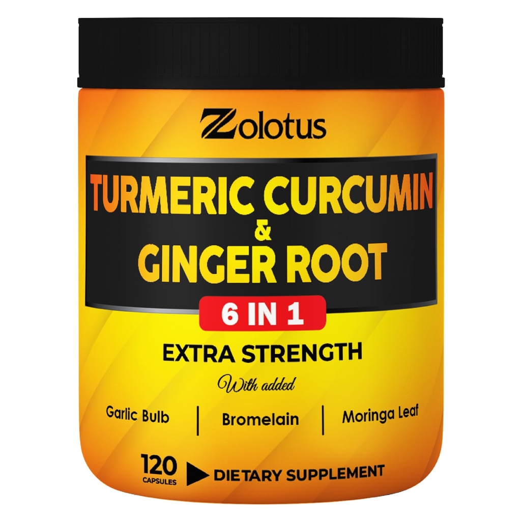 6 ב 1 Turmeric Curcumin + קפסולות ג'ינג'ר, 95% Curcuminoids עם ג'ינג'ר, Garlic Bulb, Bromelain, Moringa, Black Pepper - 120 קפסולות