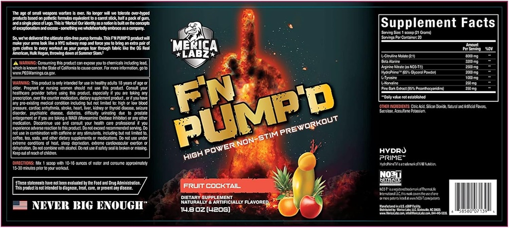 "Merica Labz F'N Pump"D Stimulant Free, Nitric Oxide, Fully Dosed, Pump PreWorkout אבקת (20 משרתים)