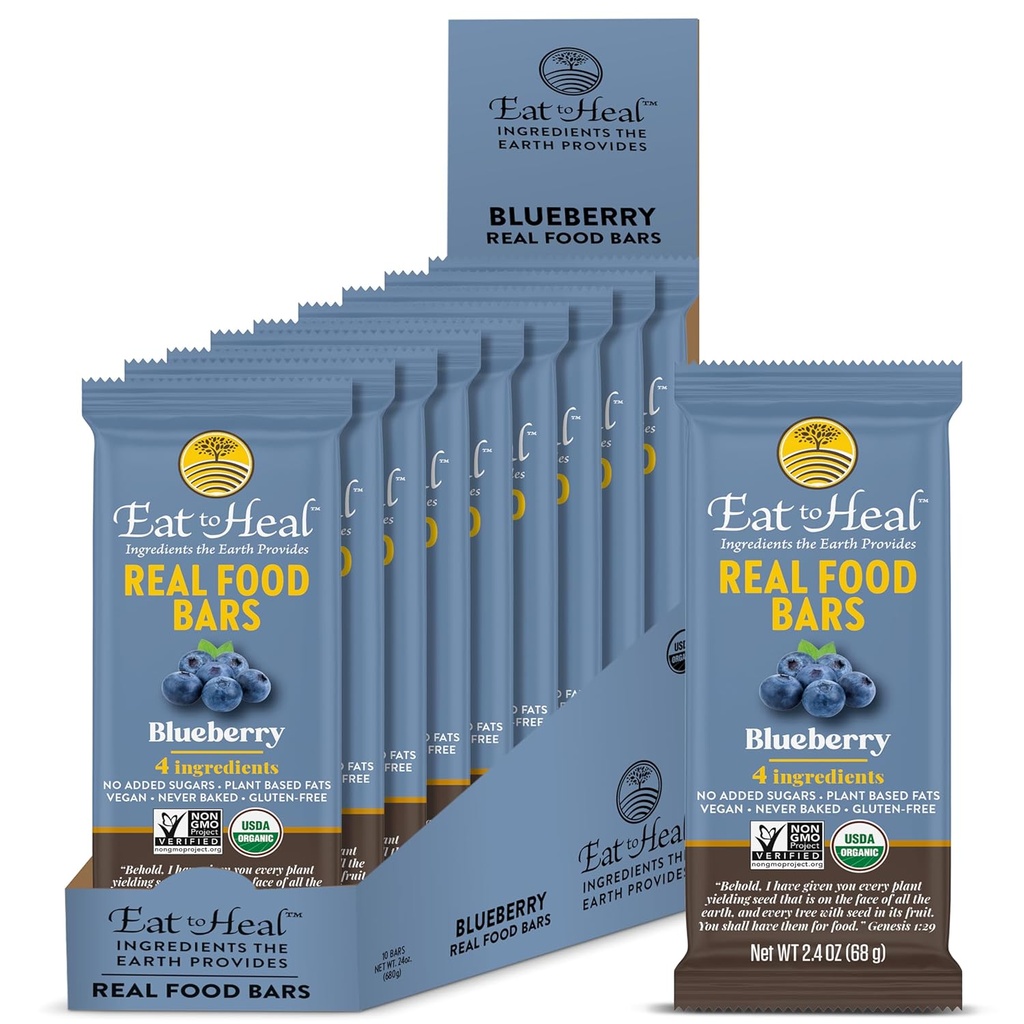 EatToHeal Blueberry Real Food Bars - אורגני חלבון Bars, מזון טבעוני, מזון בריא יותר חלבון מזון חלבון חינם - נמוך סוכר חלבון ברים, non GMO, Never Baked, Plant Based Organic חטיפים - נועד ליהנות מפירות אורגניות - נועד ליהנות מהנאה