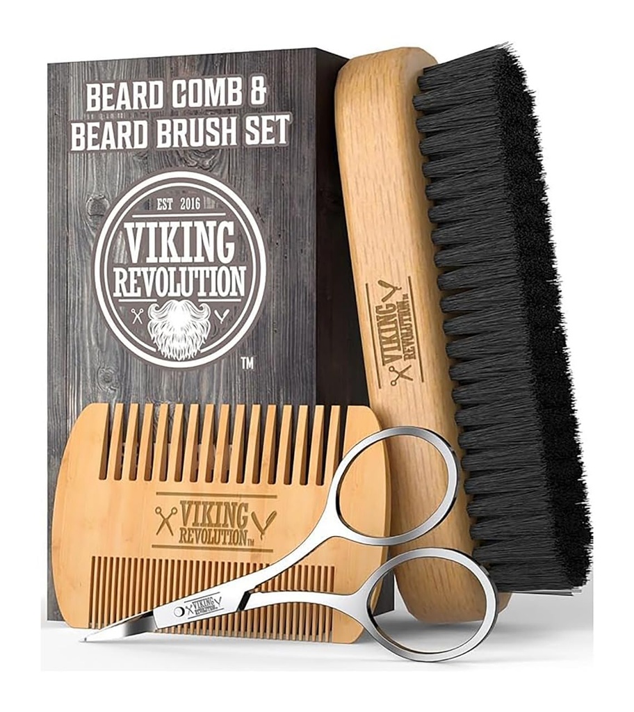 מהפכת הויקינגים Beard Comb & Beard Brush Set for Men - Natural Boar Bristle Brush and Dual Action Pear Wood Comb w/Velvet Travel Pouch - Great for Grooming Beards and Mustaches
