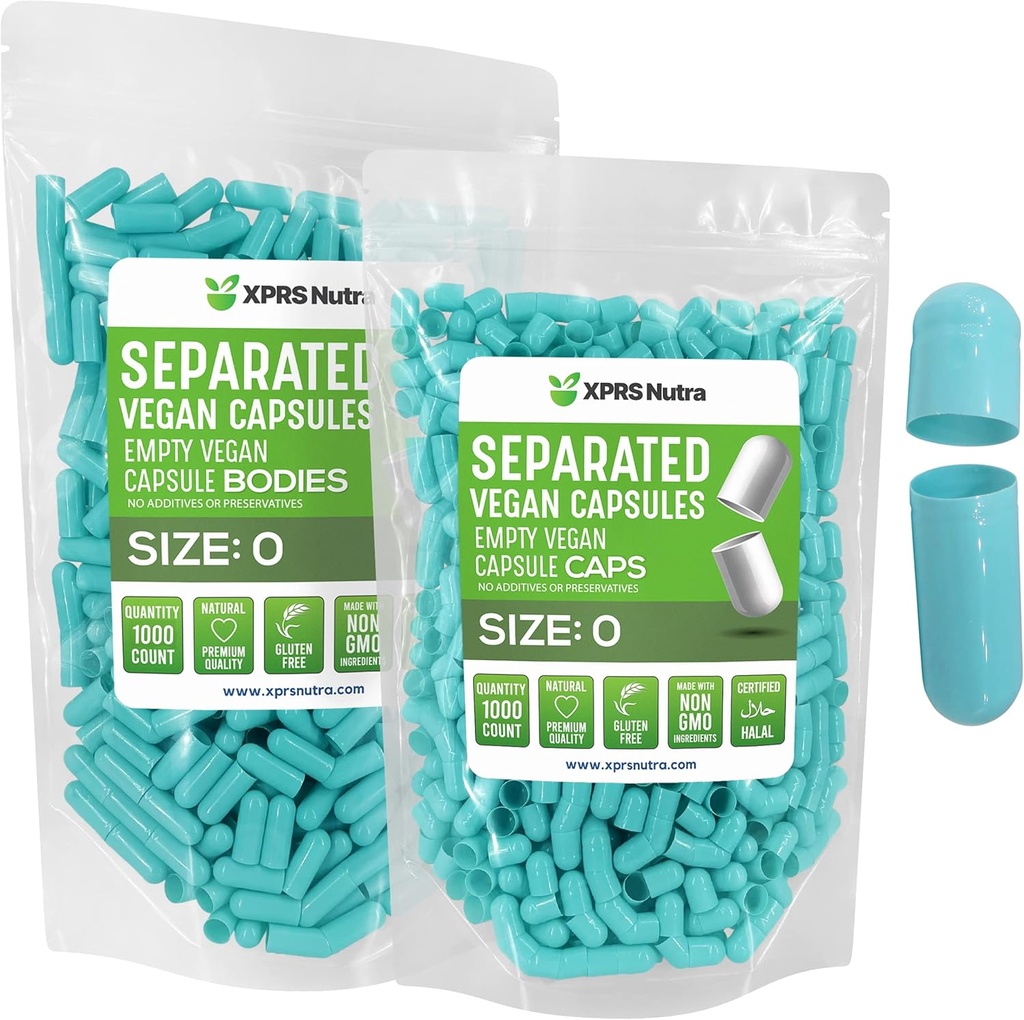 XPRS Nutra טבעוני גודל 0 קפסולות נפרדות - 1000 Count Premium פסולת ריקה בנפרד ב Bags - Pills 0 עבור תוסף DIY (Aqua)