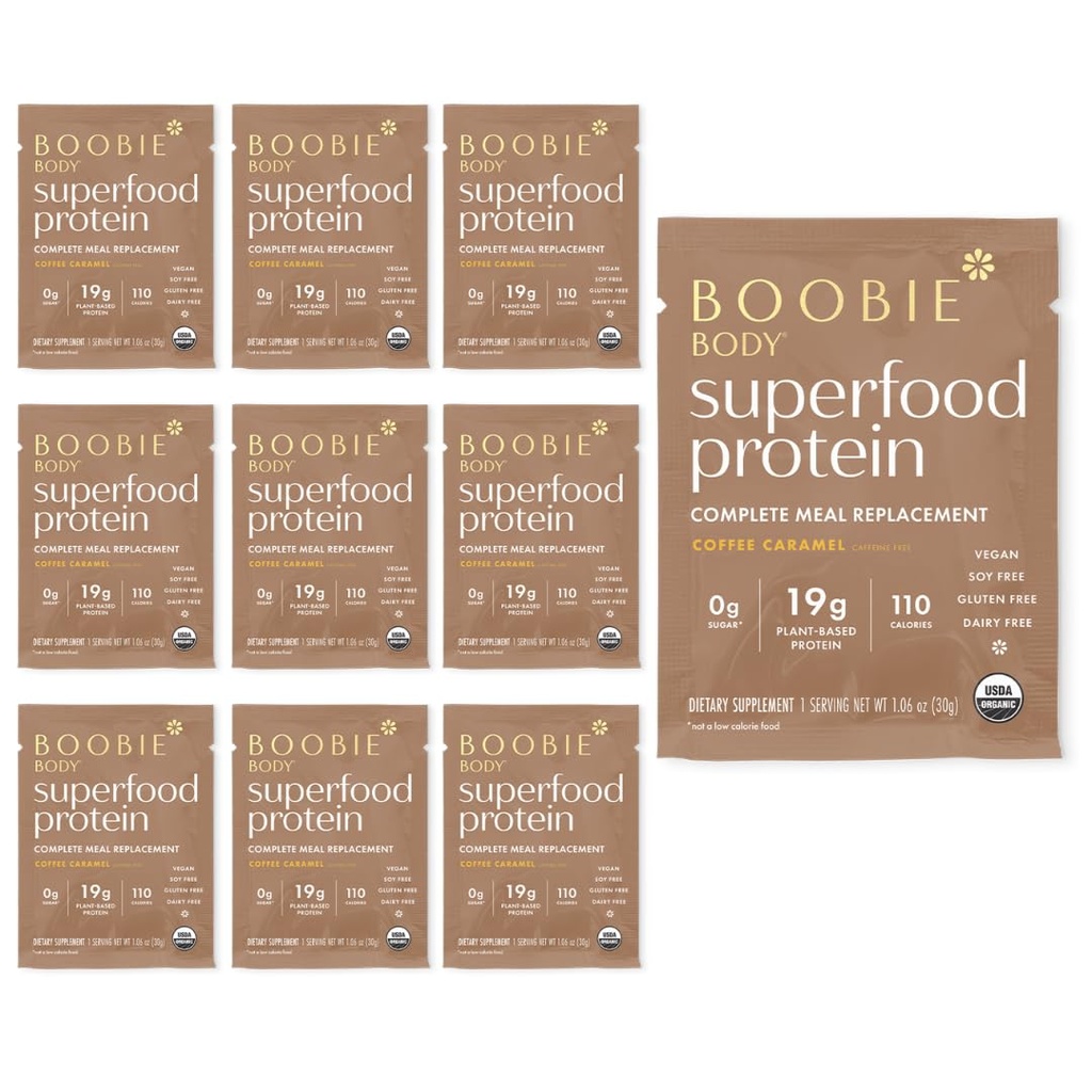 Boobie Body Superfood חלבונים Meal החלפה, קפה קארמל פלמור | 19g חלבון | בטוח הריון, Lactation ו Motherhood | אורגני, טבעוני, Zero Sugar, 10 מנות יחיד (1.06 oz כל אחד)