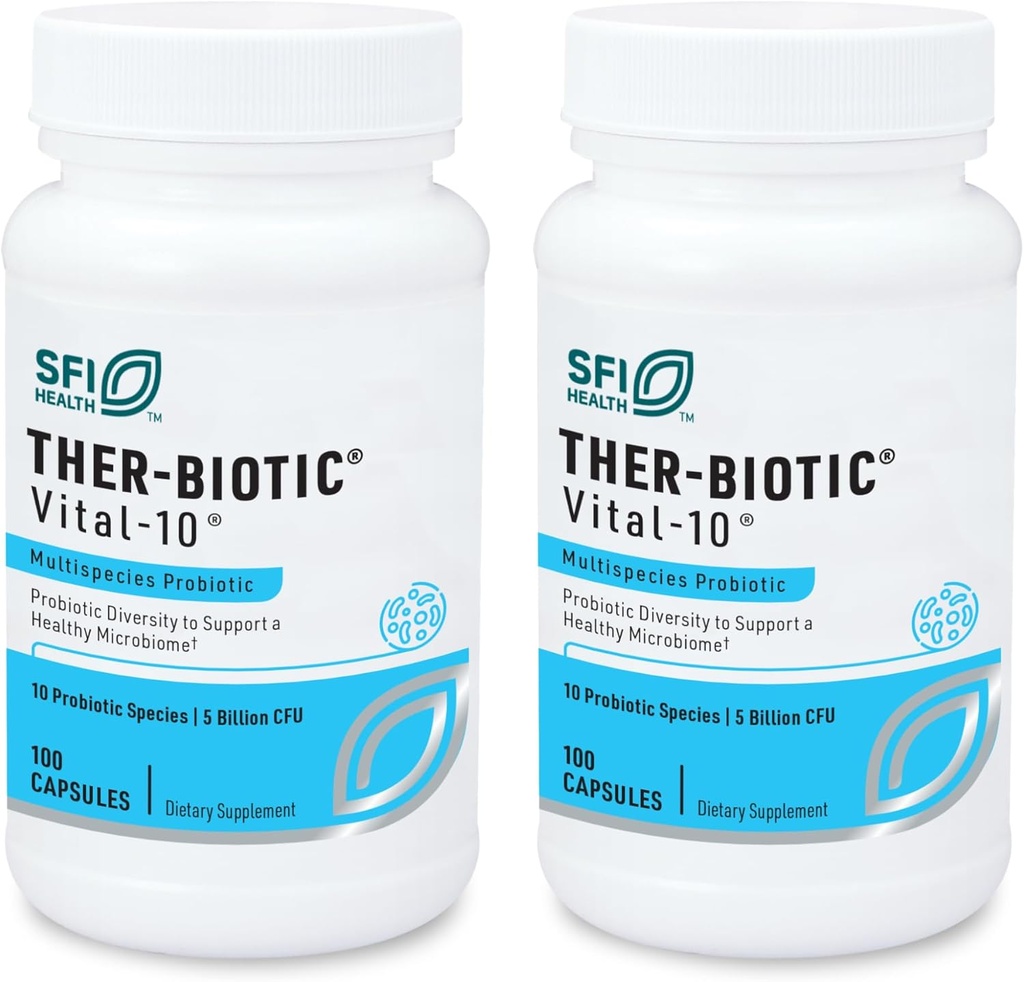 Klaire Labs SFI Health Vital-10 Probiotic - Immune & Digestive Support תוספי 5 מיליארד CFU 10 מינים עם Lactobacillus, Bifido חיידק & Streptococcus, חלב ללא חלב (100 קפסולות, 2 Pack)