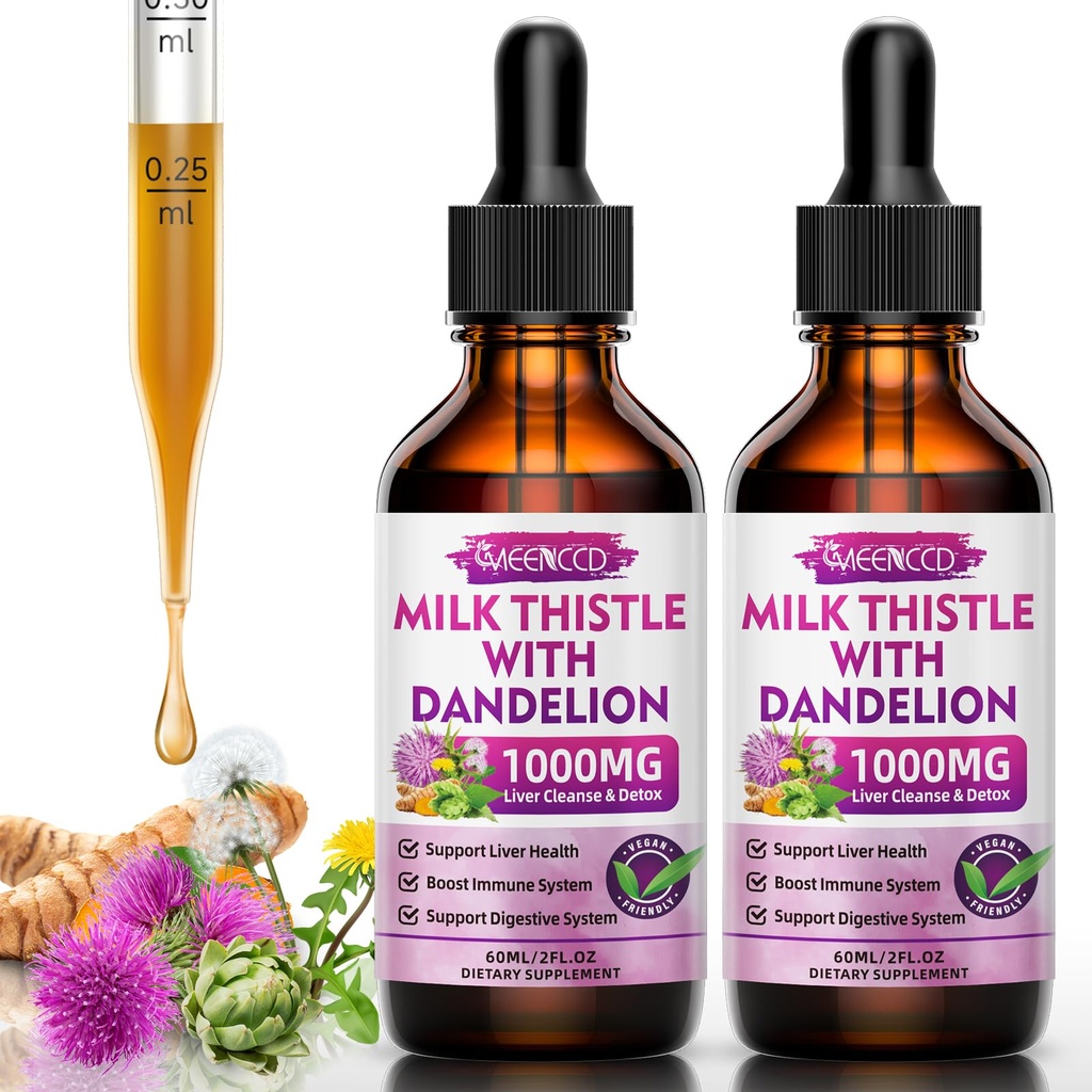 2 Pack Milk Thistle Liquid Drops - Liver Cleanse Detox & Fix - 1000 מ"ג חלב תוספת לתמיכה Liver, Silymarin Liver תוספת לבריאות Liver, טבעוני, non-GMO, 4 Fl Oz Oz