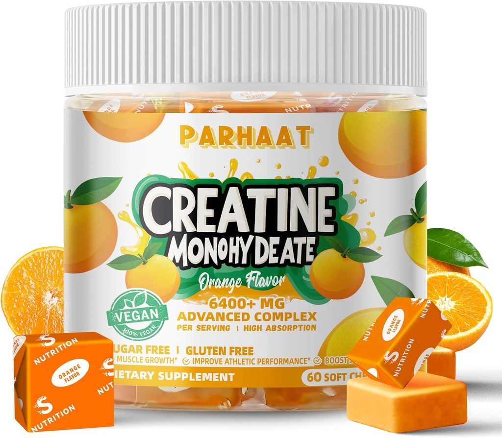 Creatine Monohydrate Chews מורכב 6400 מ"ג עבור גברים ונשים - מתקדם פורמולה W / L-Taurine + ויטמין B12, סוכר חינם צ'ואלה, 60 Orange Softchews