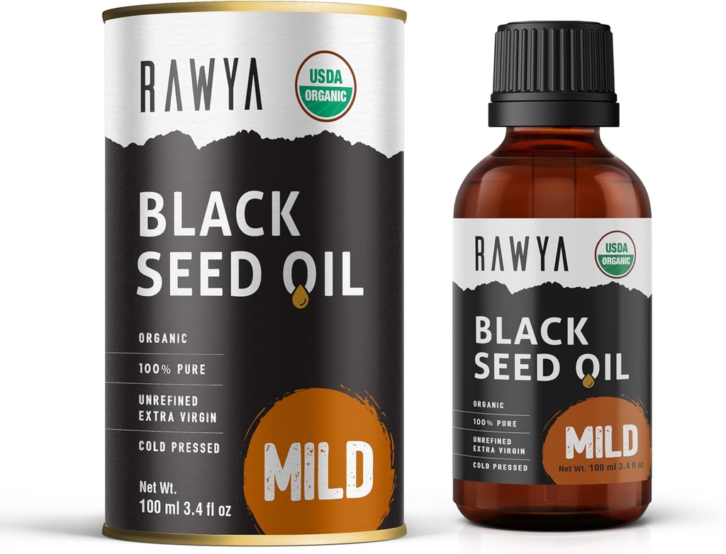 RAWYA Black Seed Oil - Cold Pressed - Black Cumin Seed - Premium Nigella Sativa - Omega 3 6 9 - Kalonji for Skin and Healthy Hair - Non-GMO, Gluten-Free - Wellness Oil - Mild Flavor - 3.4 Fl Oz