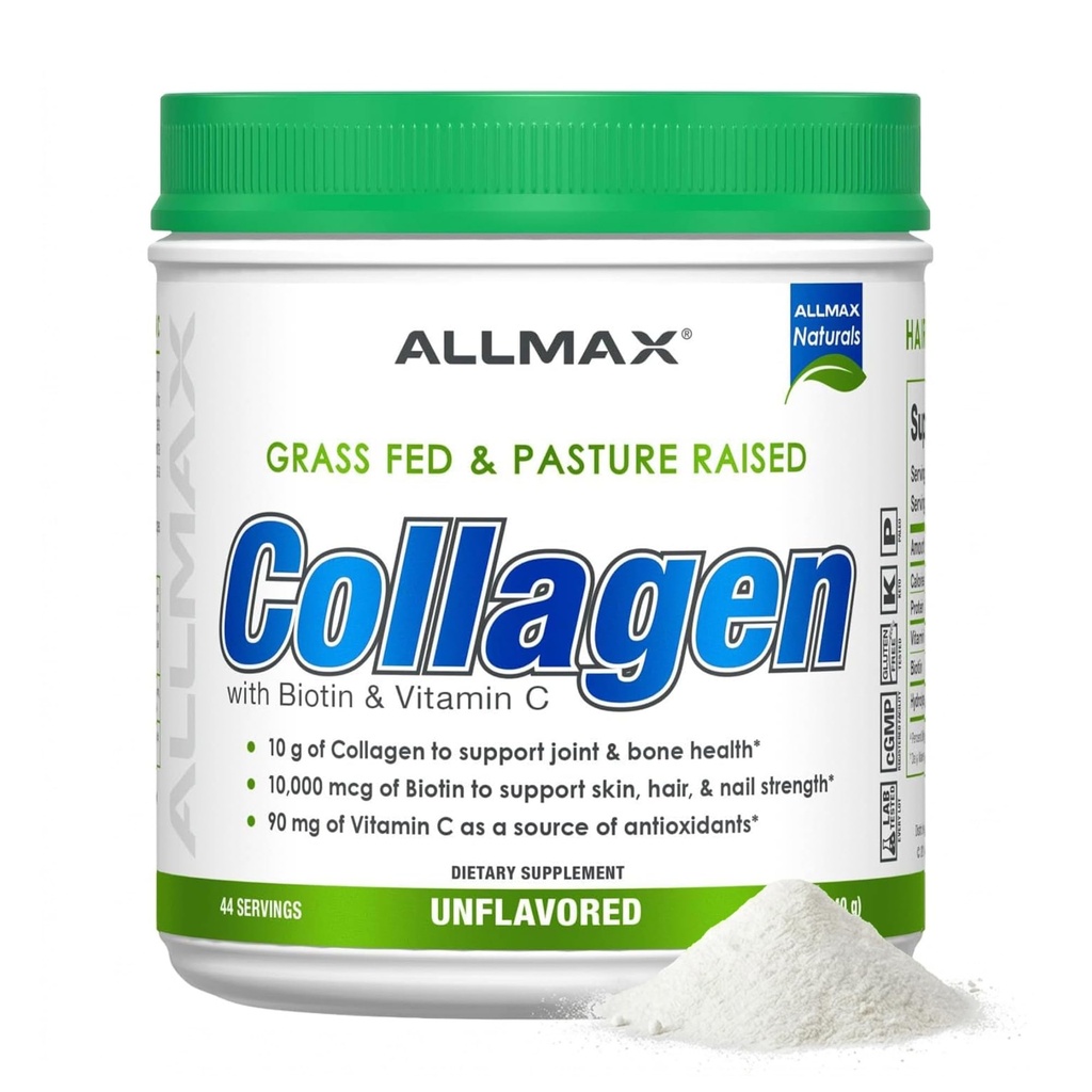 AllMAX Nutrition Grass פד & Pasture העלה קולאזן עם 10,000 mcg Biotin + 90 מ"ג ויטמין C, Unflavored, 15.5 oz (440 g)