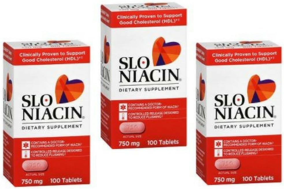 תוסף SLO-NIACIN Dietary לאחר יום יומי עם 750 מ"ג Niacin ויטמין B מ- Nicotinic Acid for High Absorption 100 טבליות לבק 3 חבילות