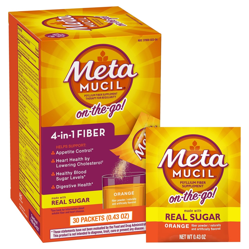 Metamucil On-the-Go, Daily Psyllium Husk אבקת תוספת עם Real Sugar, 4in-1 סיבים לבריאות העיכול, כתום Smoothored drink, 2 Pack x 30=60 Packs Total