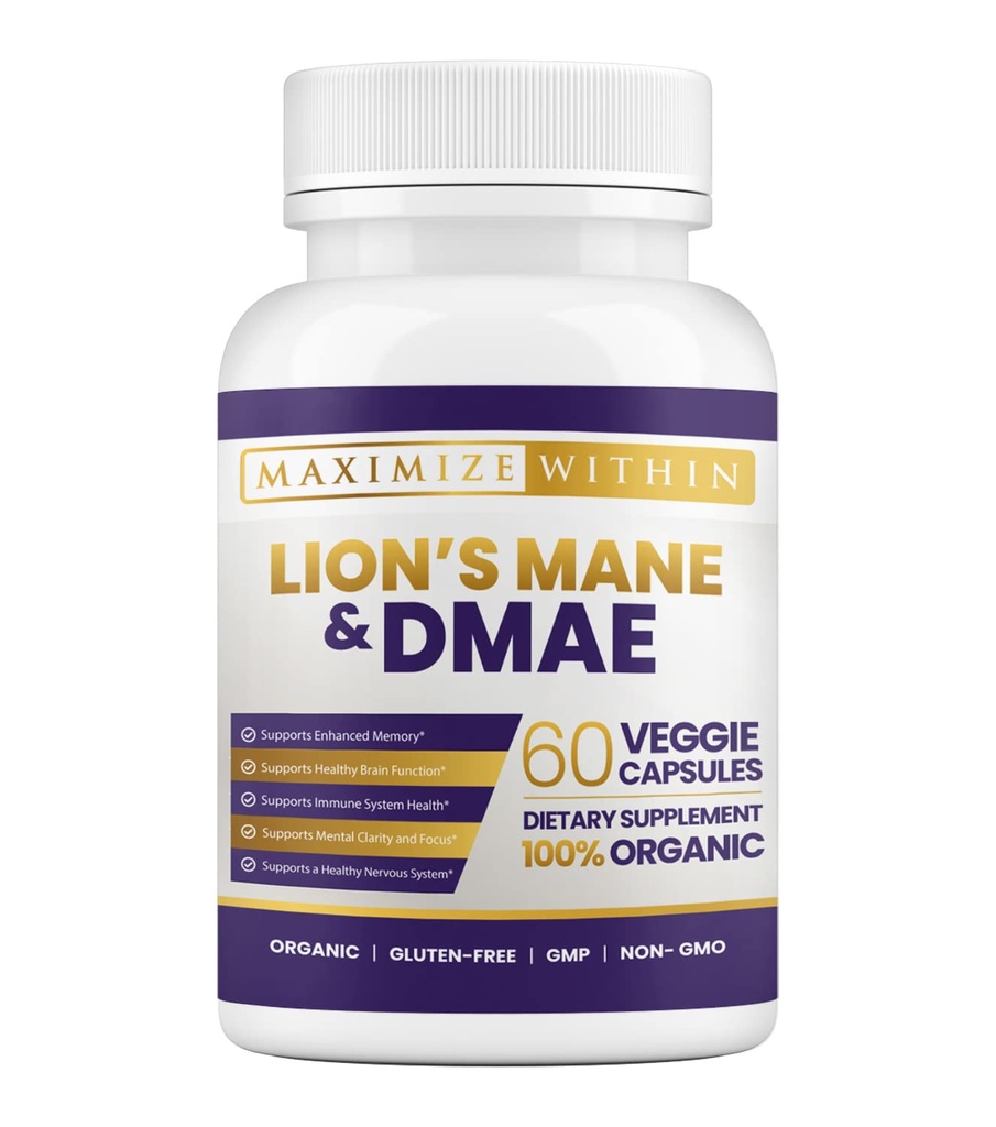 מקסימום סלים אריה Mane & DMAE קפסולות: שיפור הזיכרון, הקללות המנטלית Boost ו- Sharpen Focus - 60 קפסולות לתמיכה קוגניטיבית מקסימלית