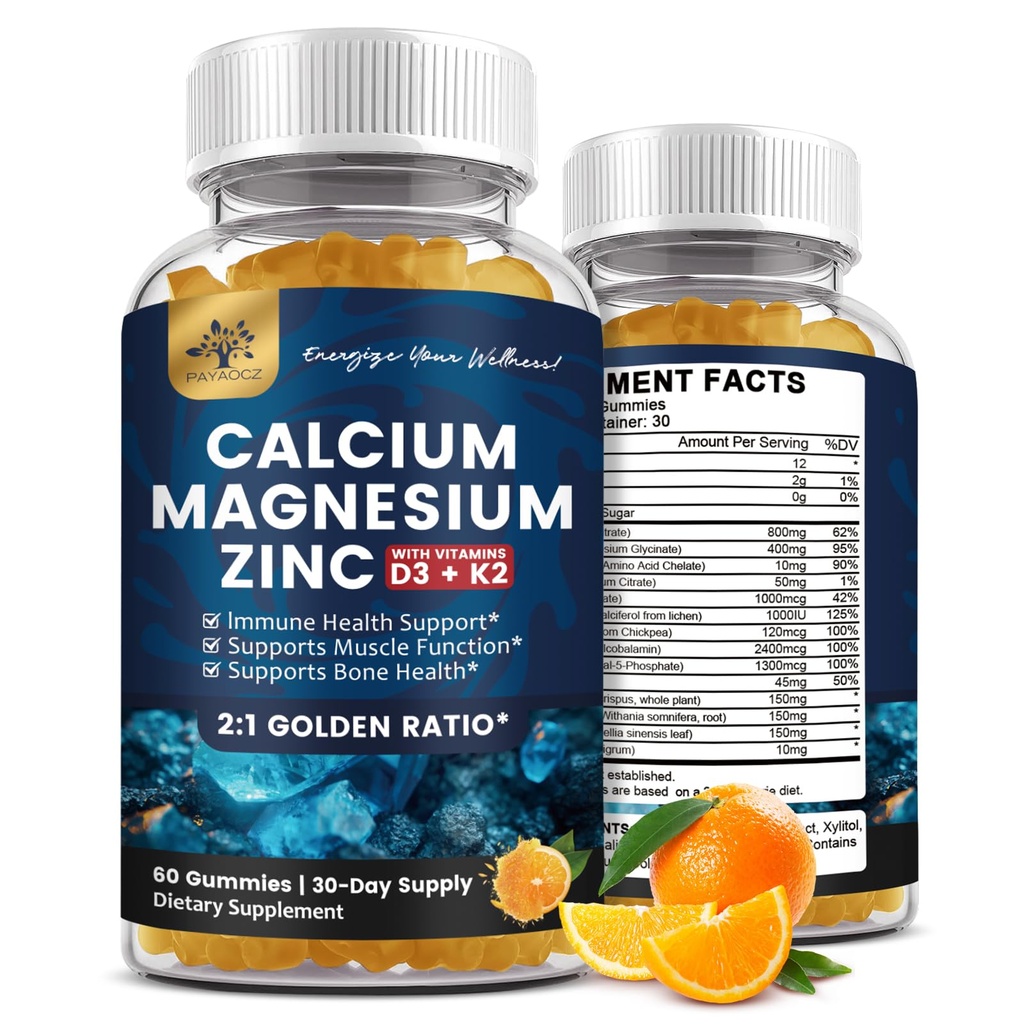 (2 Pack) Calcium Magnesium Zinc Gummies עם ויטמין D3, K2, B12 & B6 למבוגרים, סוכר חינם Magnesium Glycinate with Potum Sea Mosss, תוסף Calcium Citrate for Boned & Sleep Support Support