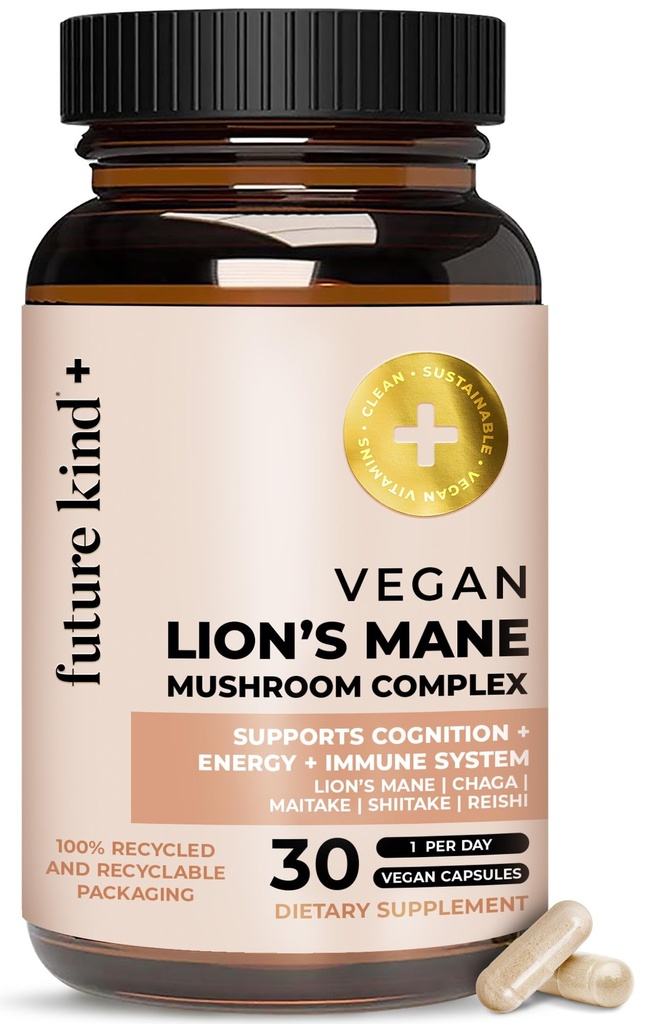 Future Kind Vegan's Mane Mushroom Complex - תוספי המוח עם Chaga, Maitake, Shiitake, & Reishi, תומך זיכרון להתמקד (30ct)