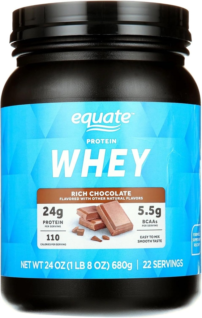 Equates אבקת חלבון Whey, שוקולד עשיר, 24g חלבון לשרת, 5.5g BCAAs, Whey Isolate בלנדר, 22 משרתים, Smooth & Delicious, Unisex, Muscle Recovery Supplement, 1.5 lbs