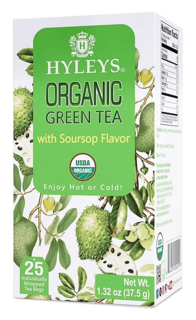 Hyleys Organic Green Tea Soursop Flavor - 25 Tea Bag Bags - (12 Pack - 300 Tea Bags Total) - Graviola Guana Tea