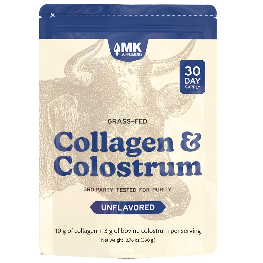 MK תוסף Collagen & Colostrum - Grass-Fed Bovine Collagen & Bovine Colostrum אבקה - Skin, Gut, Joint & Immune Support - Keto, Paleo, Carnivore Friendly - No Additsivesssives No Additivesives