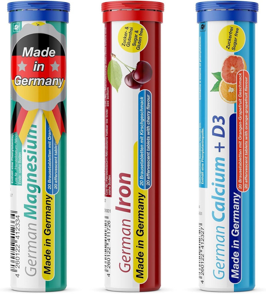 T&D German מינרלים Plus חבילה 60 משרתים - טבעוני, Zero Sugar - שתו טבליות Effervescent - Iron, Calcium, Magnesium Pharma - Made in Germany