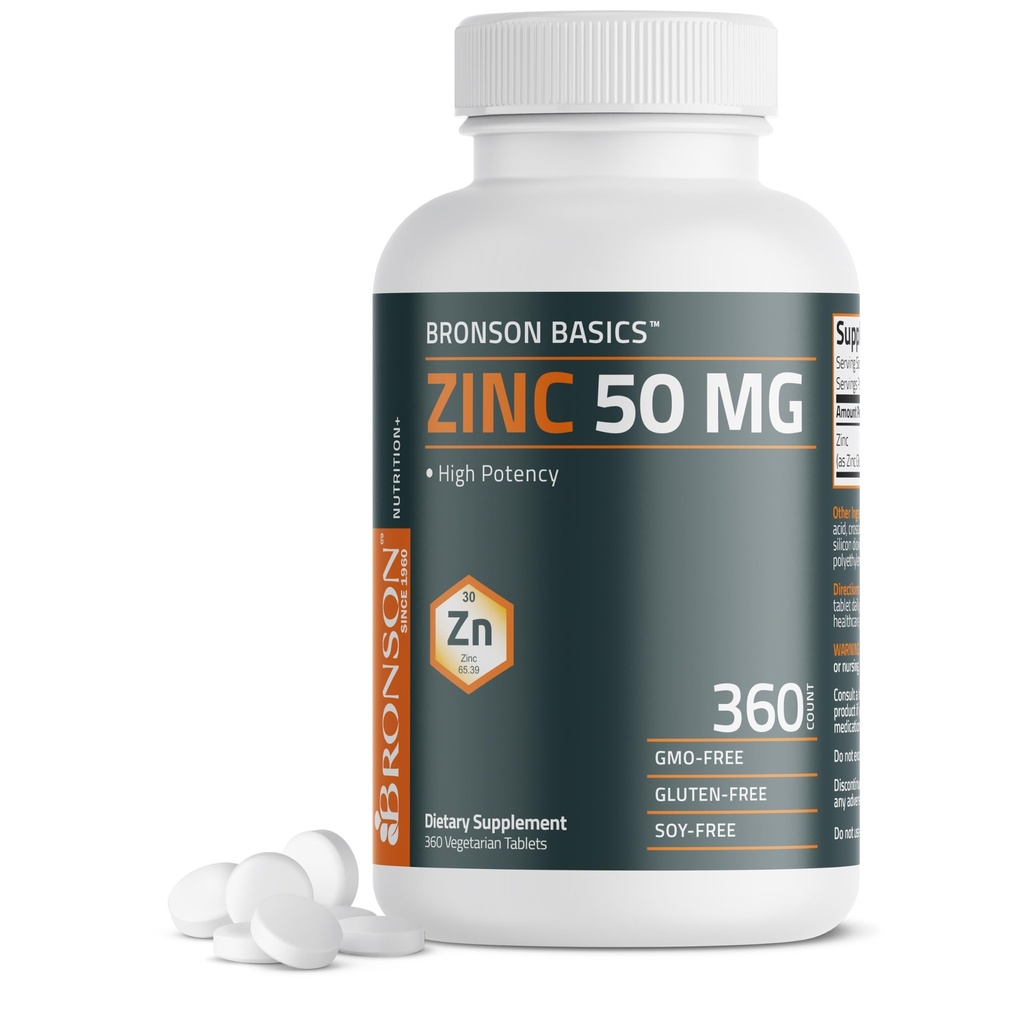 Bronson Zinc 50 MG High Potency תומך Immune, Antioxidant & Skin Health - Non-GMO, 360 טבליות צמחוניות