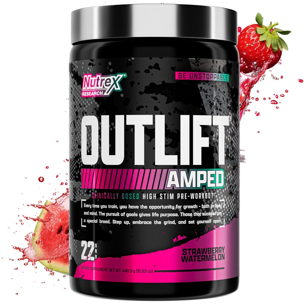 OUTFT Amped Max Dosed High STIM טרום עבודה אבקה 6G Citrulline, 3.2G Beta Alanine, Alpha GPC, CognatiQ, אנרגיה קיצונית, משאבות מסיביות, אלקטרוליטים (Strawberry Watermelon, 22 משרתים)